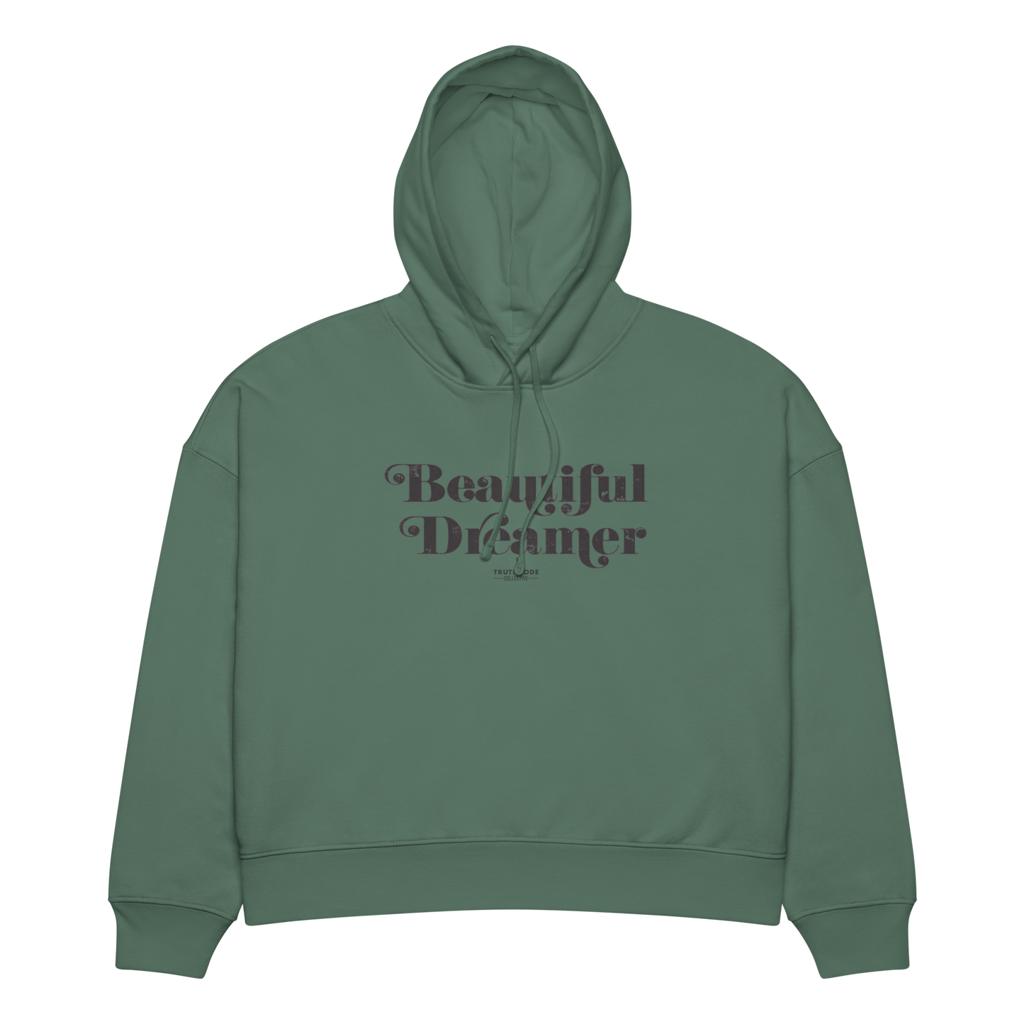 Green organic hoodie with 'Beautiful Dreamer' text design, on a white background