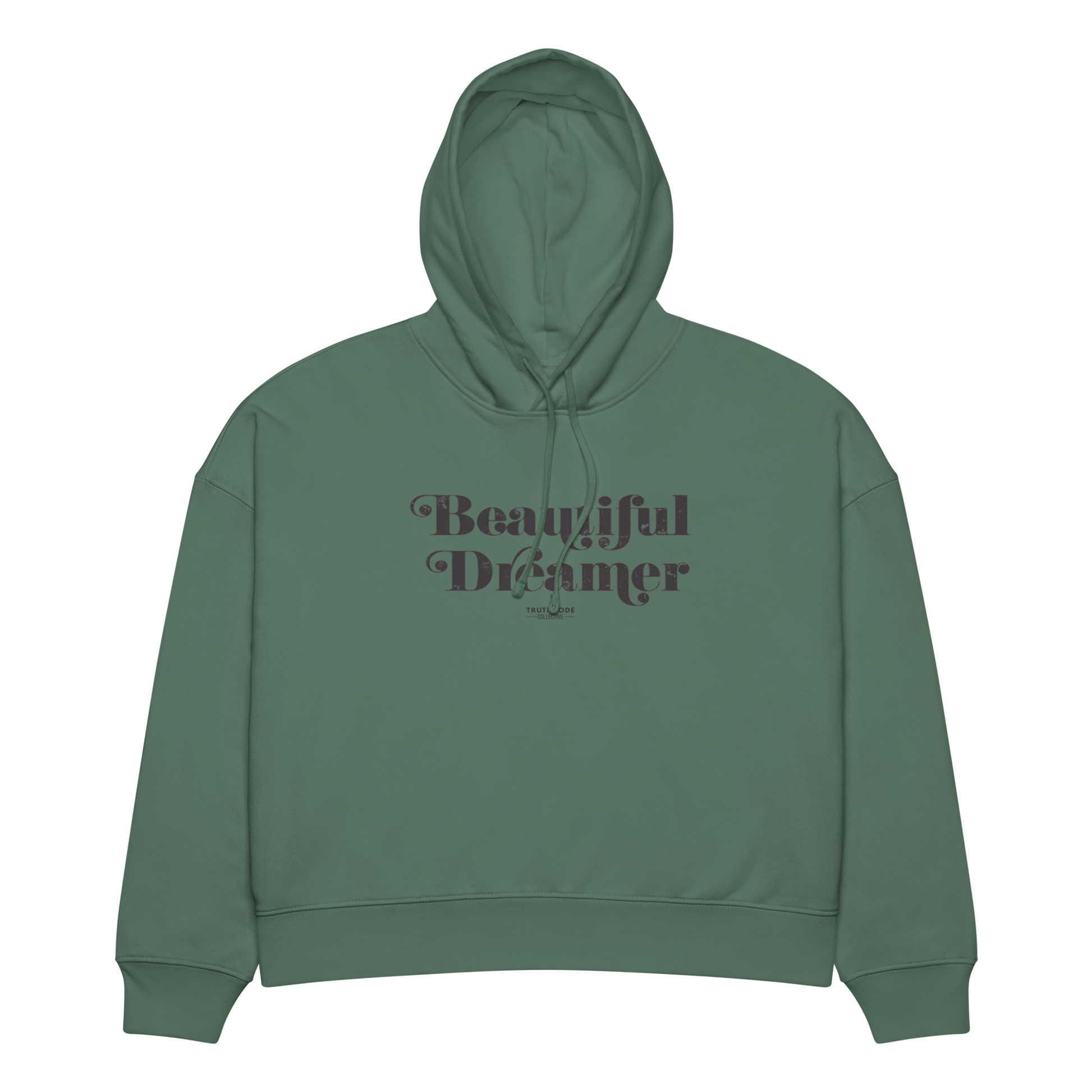 Green organic hoodie with 'Beautiful Dreamer' text design, on a white background