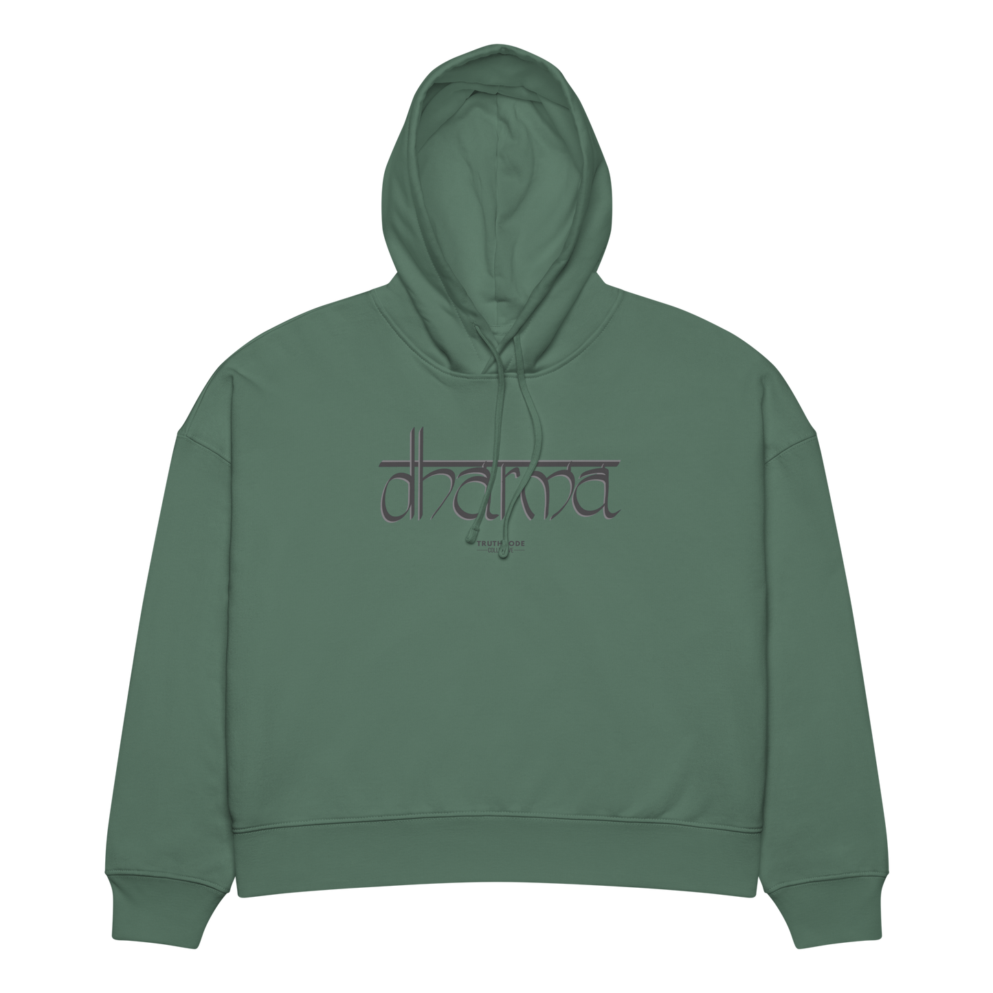 Green organic hoodie with 'dharma' text design, on a white background