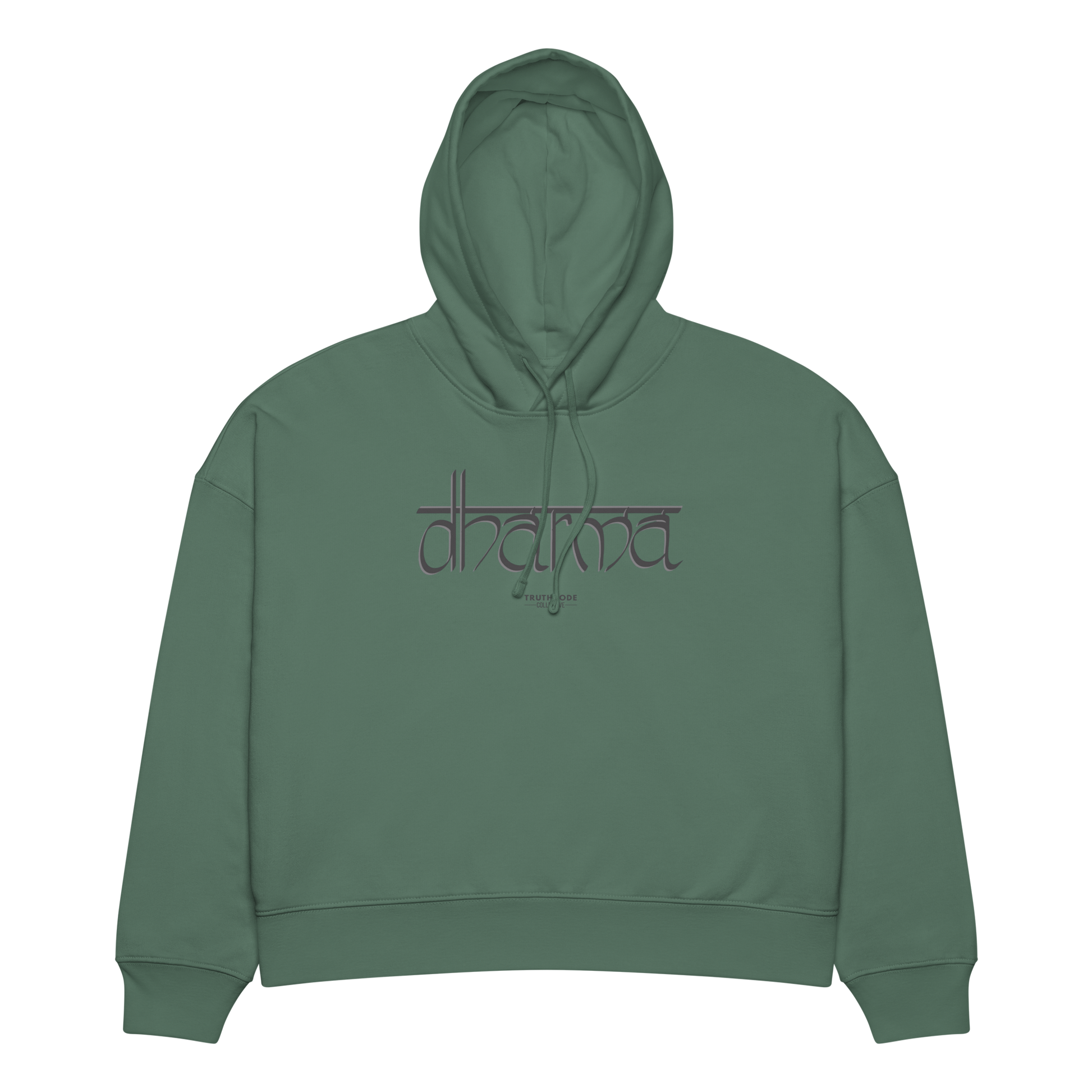 Green organic hoodie with 'dharma' text design, on a white background