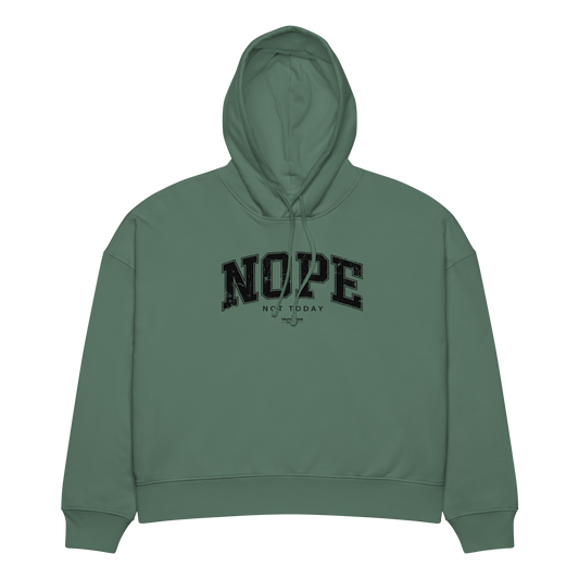 Green organic hoodie with 'NOPE NOT TODAY' text design on a white background