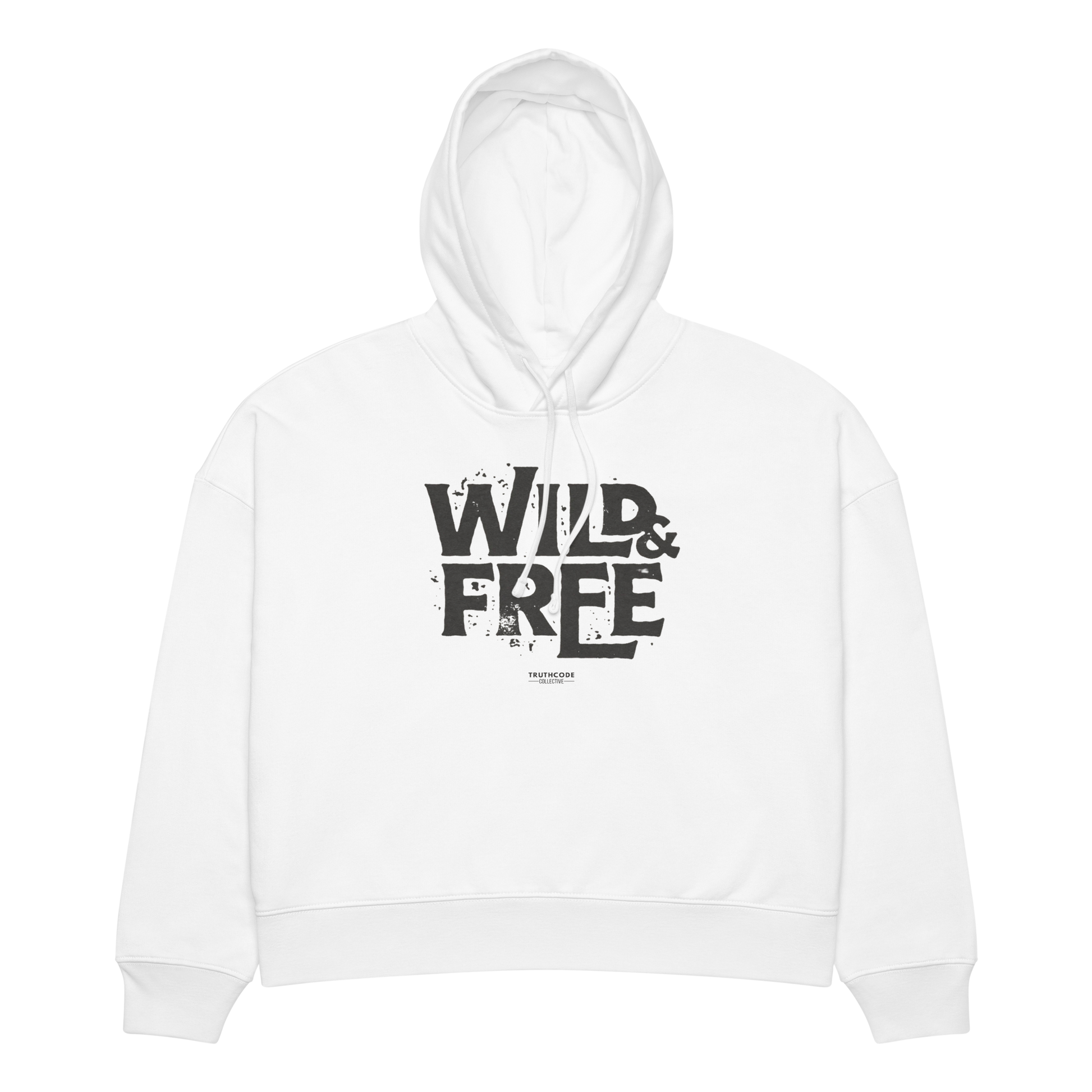 White organic hoodie with 'Wild & Free' text design, on a white background