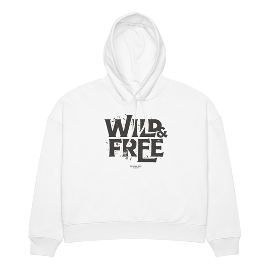 White organic hoodie with 'Wild & Free' text design, on a white background